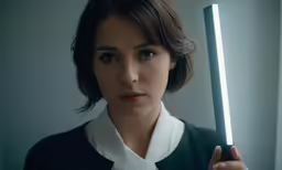 woman with wand holding illuminated sword in dark room