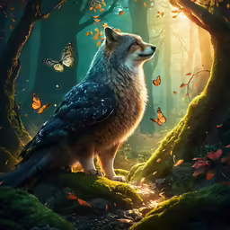 a wolf stands on a mossy hill in the middle of a forest with lots of butterflies