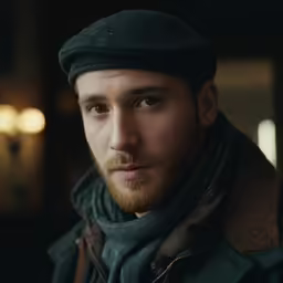 a man with a wool hat and blue eye shadow