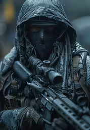 a man in black suit holding a weapon with his head covered in snow,a military man with a machine gun in the rain