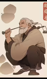 an old man kneeling down with an oar in his hand