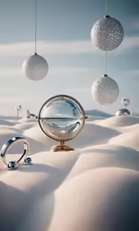 a magnifying glass surrounded by a snow covered landscape