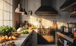 a small kitchen with an oven and various counter top items