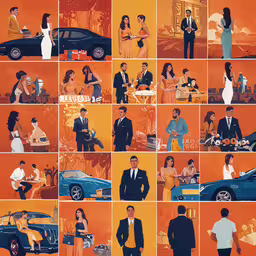 some very many pics of different people in their suits,a series of different photos with a man, woman and man with a car