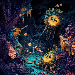 a painting with yellow and orange flowers, with an evil character in it
