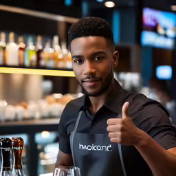 a young man makes a thumbs up gesture for someone at a bar