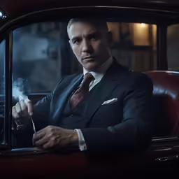a man in a suit smoking a cigarette while leaning out of a car