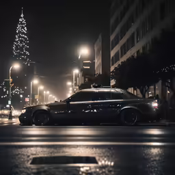 a car driving down a city street at night