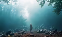 a person standing in a dark foggy woods