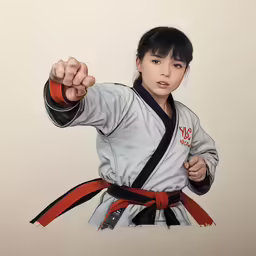 a young woman standing in front of a drawing of a karate fighter