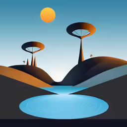 this is a surreal painting with trees, a small lake and hills