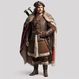 a man dressed in a historical outfit with two swords