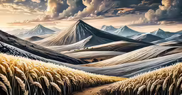 a painting of an image of a mountain landscape