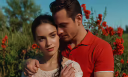 a man and woman stand next to each other, both looking at something
