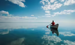 a man sits in the boat and looks out on a calm ocean