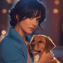 a woman holding her dog in her arms