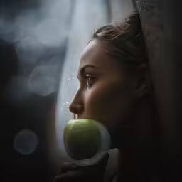 a girl in the dark holding an apple
