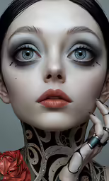 the face of a woman with blue eyes and silver makeup