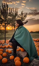 a woman is dressed as a superhero in a field of pumpkins