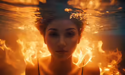 a woman under the water with flames and water