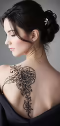 a woman with a tattoo is looking to her left