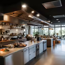 an open floor plan kitchen, with windows, and an island