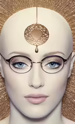 a woman with glasses and gold hair with an unusual hat on