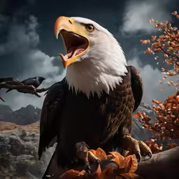 an eagle perched on a tree branch with its mouth open