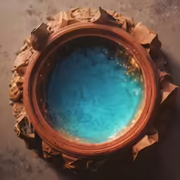 an orange and blue bowl sitting on top of paper