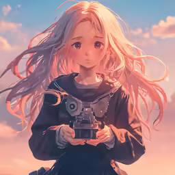 an anime with a camera by some water