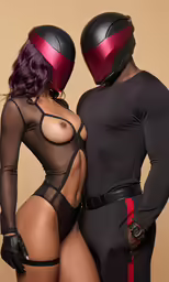 a couple of women in bodysuits and helmets pose together