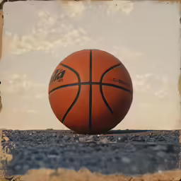 an old photo of a basketball sitting on the ground