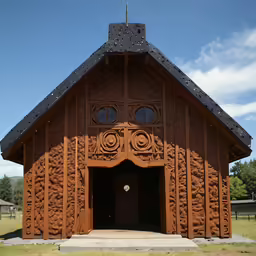 a large wooden building with a clock on top