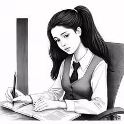 a black and white photo of a woman with her hair tied up at a desk