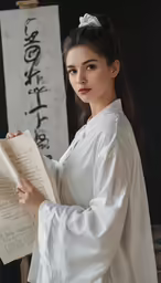 a young woman standing in front of a large scroll