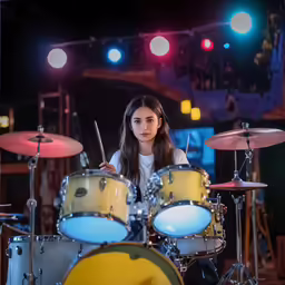 girl in white shirt and blue jeans sitting with drums
