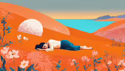 woman lying down in an orange field of flowers,a woman laying on a flowered hillside with the sun behind her