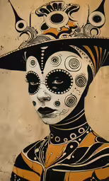 a painting of a woman with skully black and white faces