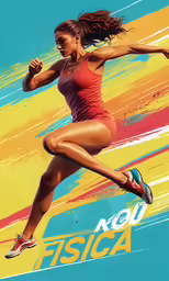 a woman in a red dress running across a blue and yellow background