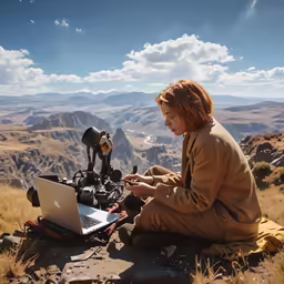 the girl is sitting on the hill with her laptop