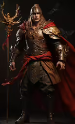 a man in a costume holding a sword and looking towards the camera