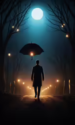 a man holding an umbrella standing in the dark