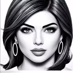 a black and white photo of a woman wearing hoop earrings