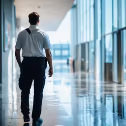 a man in a tie is walking down the hall