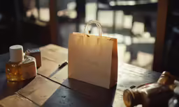 a bag is on the table next to some perfumes