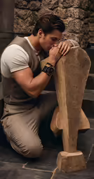 man wearing work attire kneeling on steps covering his face with hand