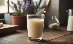 a glass filled with milk sitting on top of a wooden table