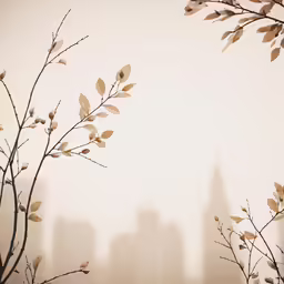 a branch with leaves is in front of an upward building