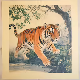 a painting of a tiger running across a body of water