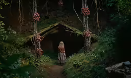 a woman walks down a path in the forest